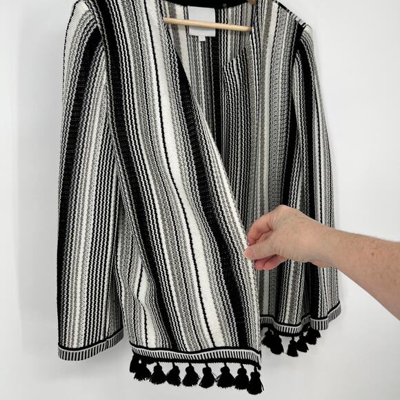 Misook Collection Cardigan Pom Pom Fringe Open Sweater Large Black White Striped - Picture 2 of 10